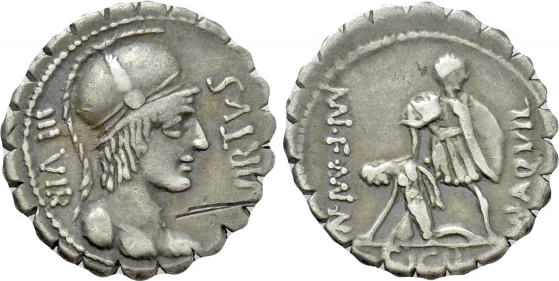 MN. AQUILIUS MN.F. MN.N. Serrate Denarius (65 BC). Rome. 

Obv: VIRTVS / III V...