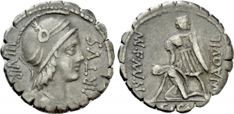 MN. AQUILIUS MN.F. MN.N. Serrate Denarius (65 BC). Rome. 

Obv: VIRTVS / III V...