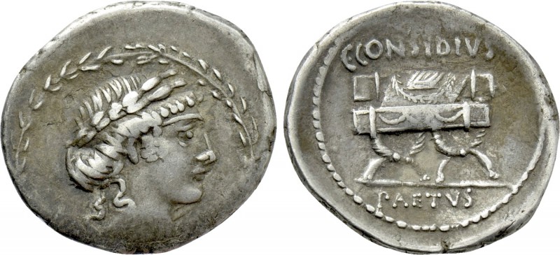 C. CONSIDIUS PAETUS. Denarius (46 BC). Rome. 

Obv: Laureate head of Apollo ri...