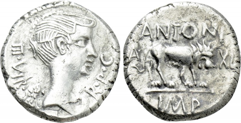 MARK ANTONY. Quinarius (42 BC). Lugdunum. 

Obv: III VIR R P C. 
Winged bust ...