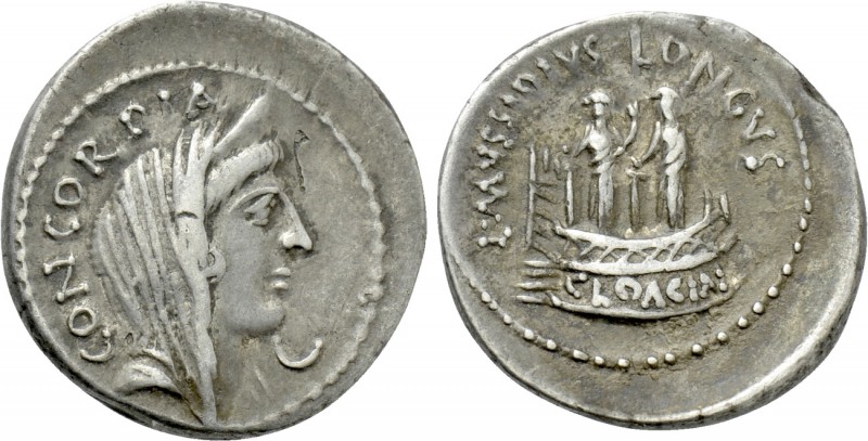 L. MUSSIDIUS LONGUS. Denarius (42 BC). Rome.

Obv: CONCORDIA.
Diademed and ve...