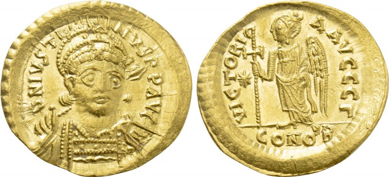 JUSTIN I (518-527). GOLD Solidus. Constantinople. 

Obv: D N IVSTINVS P P AVG....