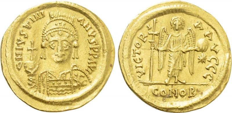 JUSTINIAN I (527-565). GOLD Solidus. Thessalonica. 

Obv: D N IVSTINIANVS P P ...