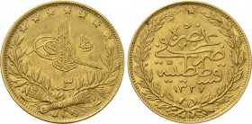 OTTOMAN EMPIRE. Mehmed V Reşâd (AH 1327-1336 / 1909-1918 AD). GOLD 100 Kurush or Liralık. Qustantiniya (Constantinople). Dated AH 1327//3 (1911 AD)....