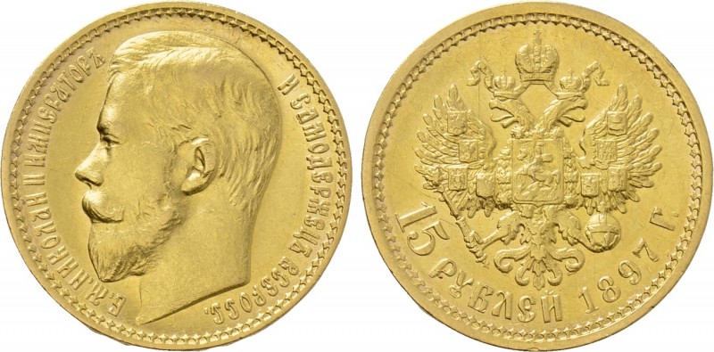 RUSSIA. Nicholas II (1894-1917). GOLD 15 Roubles (1897-AΓ). St. Petersburg. 

...