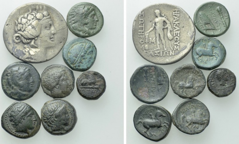 8 Greek Coins; including a Tetradrachm of Thasos. 

Obv: .
Rev: .

. 

Co...