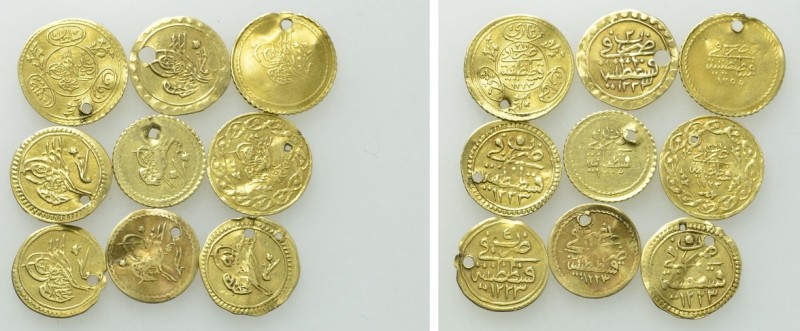 9 Ottoman Gold Coins. 

Obv: .
Rev: .

. 

Condition: See picture.

Wei...