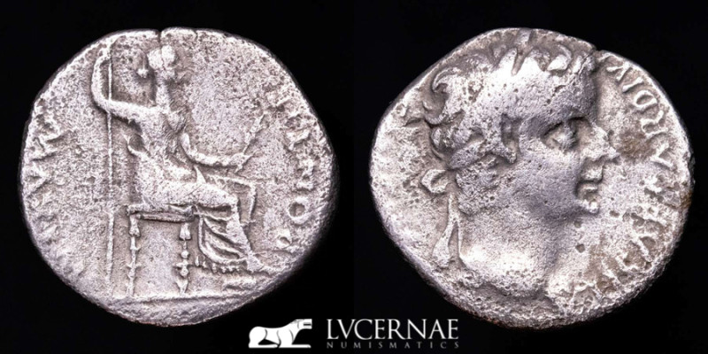 Roman Empire - Tiberius, AD 14-37. Silver denarius (3.43 g. 17 mm.). Minted in L...