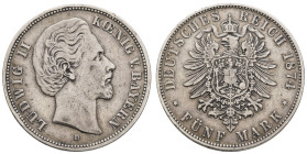 Silbermünzen des Kaiserreichs Bayern
 5 Mark, 1874, Ludwig II., kl. Kr. und Rf., s-ss, J. 42