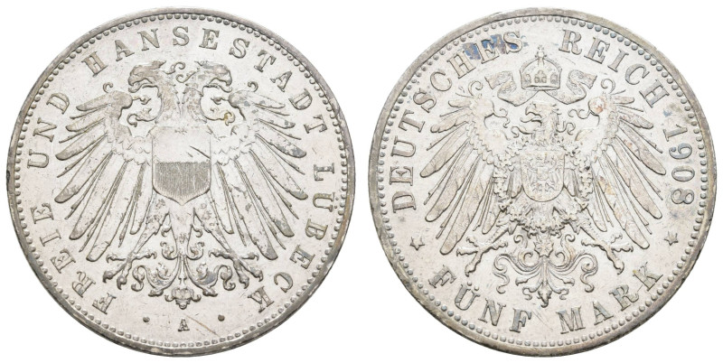 Silbermünzen des Kaiserreichs Lübeck
 5 Mark, 1904, Kratzer, kl. Rf., ss-vz. J....