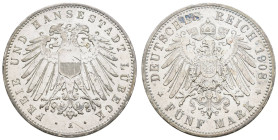 Silbermünzen des Kaiserreichs Lübeck
 5 Mark, 1904, Kratzer, kl. Rf., ss-vz. J. 83