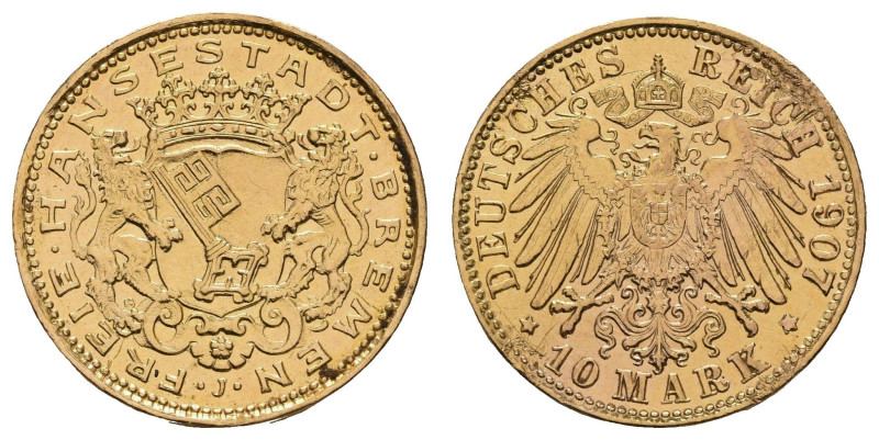 Goldmünzen des Kaiserreichs Bremen
 10 Mark, 1907, Fassungsspuren, berieben, vz...