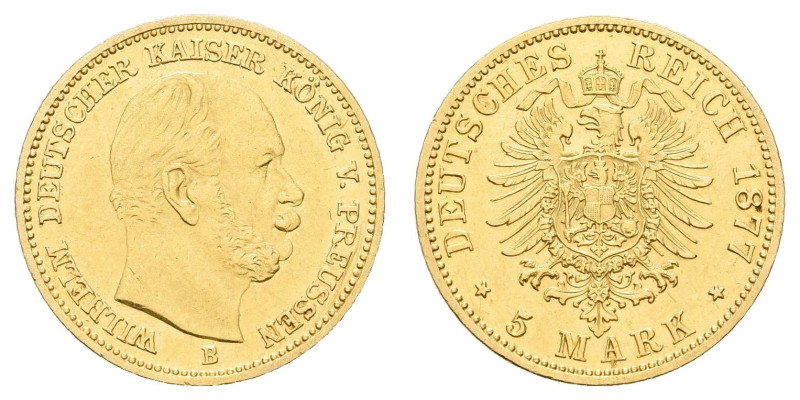 Goldmünzen des Kaiserreichs Preussen
 5 Mark, 1877, B, Wilhelm I., kl. Rf., ss-...