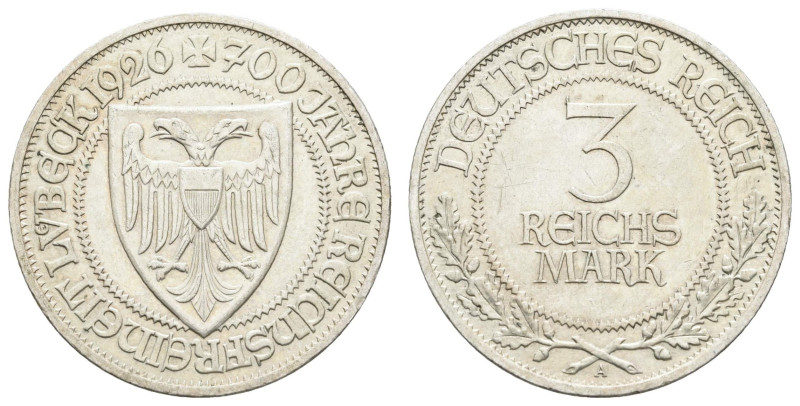 Münzen Weimar
 3 Reichsmark, 1926, Lübeck, kl. Rf., vz. J. 323