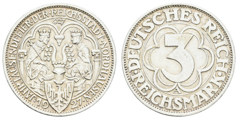 Münzen Weimar
 3 Reichsmark, 1927, Nordhausen, kl. Kratzer, vz. J. 327