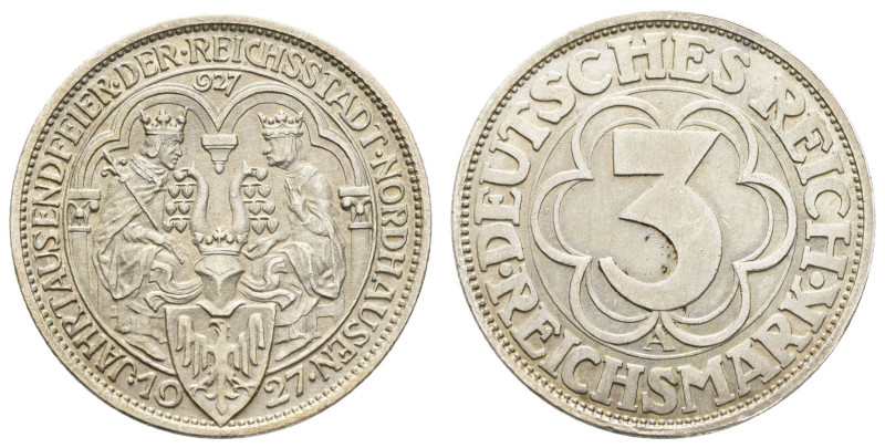 Münzen Weimar
 3 Reichsmark, 1927, A, Nordhausen, Patina, ss-vz, J. 327.