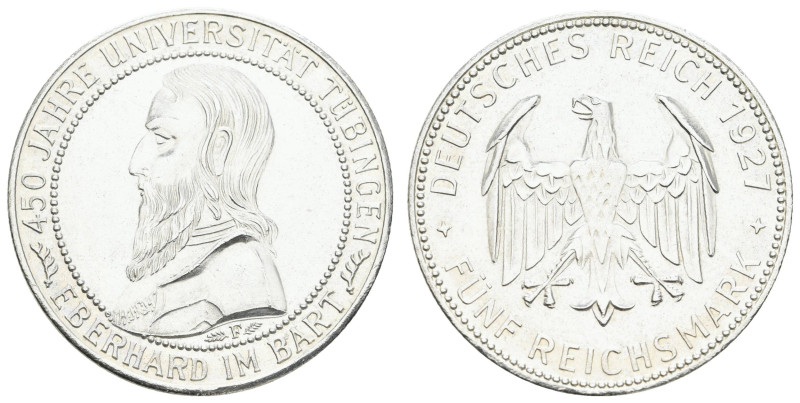 Münzen Weimar
 5 Reichsmark, 1927, Tübingen, kl. Rf. und kl. Kratzer, vz. J. 32...