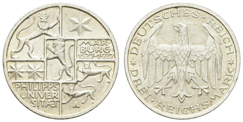 Münzen Weimar
 3 Reichsmark, 1927, Universität Marburg, kl. Rf., vz. J. 330.