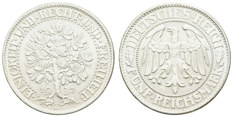 Münzen Weimar
 5 Reichsmark, 1932, F, Eichbaum, wz. Rf., zaponiert, vz+. J. 331...