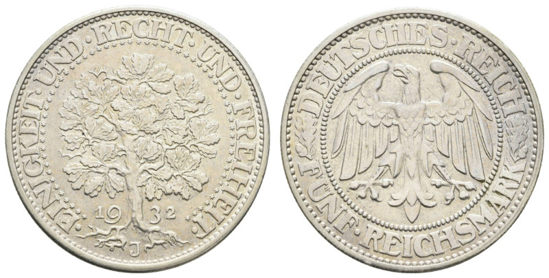 Münzen Weimar
 5 Reichsmark, 1932, J, Eichbaum, kl. Rf., fast vz, J. 331.