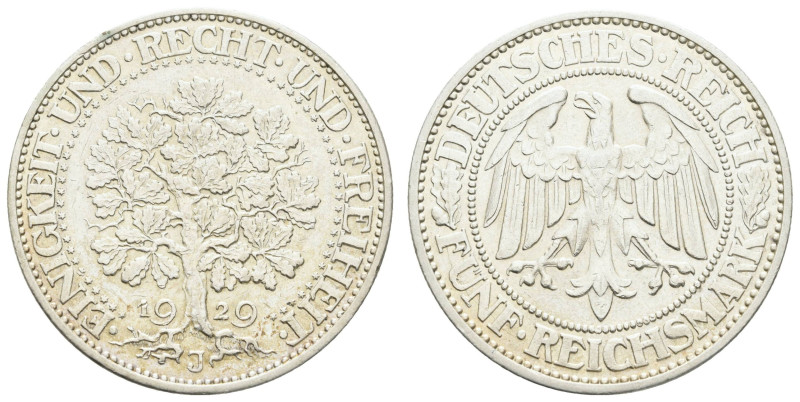 Münzen Weimar
 5 Reichsmark, 1929, J, Eichbaum, kl. Rf., ss+, J. 331.