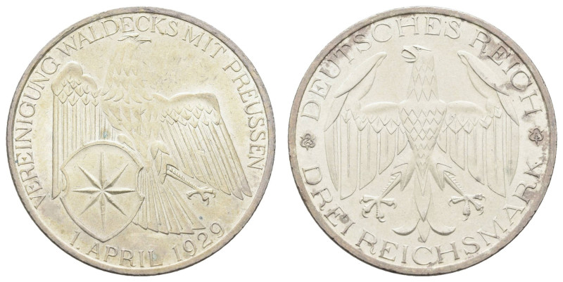 Münzen Weimar
 3 Reichsmark, 1929, Waldeck, vz, J. 337.