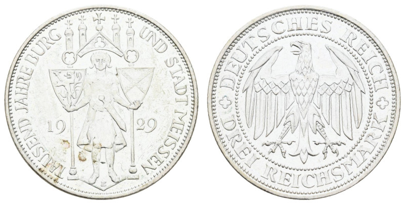 Münzen Weimar
 3 Reichsmark, 1929, E, Meißen, leicht berieben, vz, J. 338.