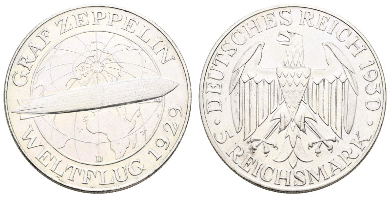 Münzen Weimar
 5 Reichsmark, 1930, D, Zeppelin, sanfter Regenbogenschimmer, vz,...