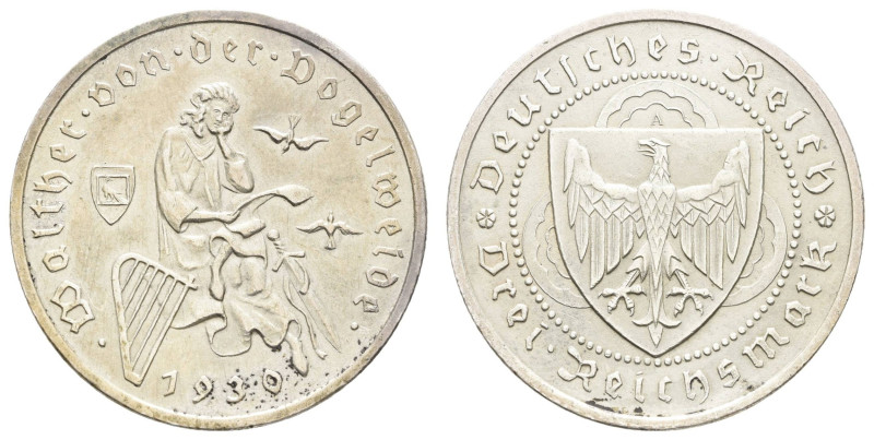 Münzen Weimar
 3 Reichsmark, 1930, A, Walther von der Vogelweide, Belag, vz, J....