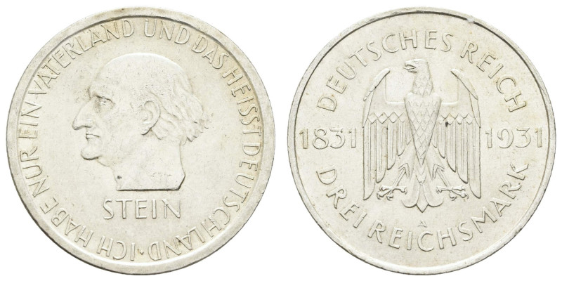 Münzen Weimar
 3 Reichsmark, 1931, Stein, kl. Rf., kl. Kr., vz. J. 348