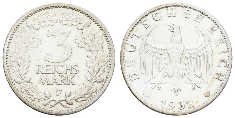 Münzen Weimar
 3 Reichsmark, 1932, F, wz. Rf., ss+. J. 349