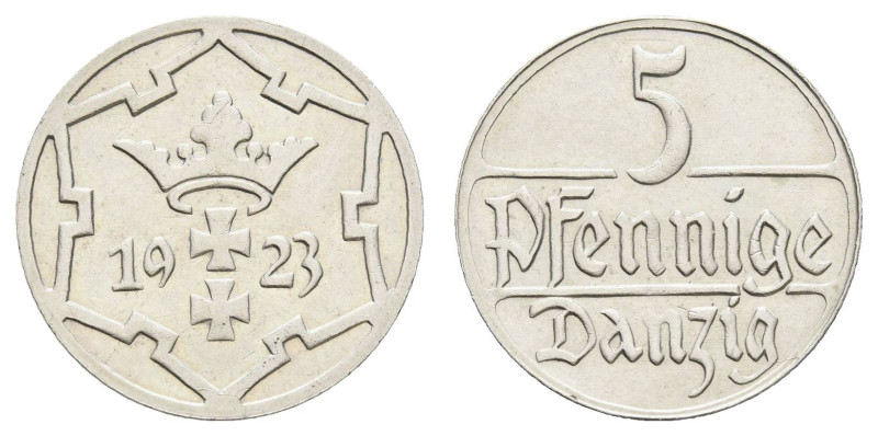 Münzen der deutschen Nebengebiete
 Danzig, 5 Pfennig, 1923, vz+. J. D 4