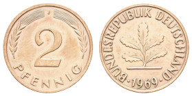 Bundesrepublik Deutschland
 2 Pfennig, 1969, J, Kupfer, nicht magnetisch, gereinigt, vz-st. J. 381. Mit Gutachten Claus-Peter Meyer.