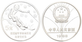 Europa und Übersee China Volksrepublik
 5 Yuan, 1988, Olympische Spiele Skifahren, KM 201, leicht angelaufen, in Kapsel, PP.