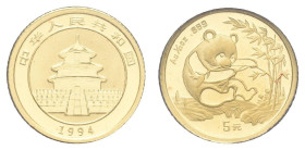 Europa und Übersee China Volksrepublik
 5 Yuan, Gold, 1994, Panda, 1/20 Oz, Fb. B8, leicht angelaufen, PP.