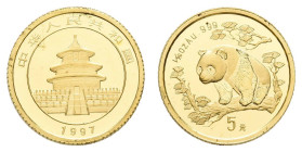 Europa und Übersee China Volksrepublik
 5 Yuan, Gold, 1997, Panda, 1/20 Oz, Fb. B8, leicht angelaufen, PP.