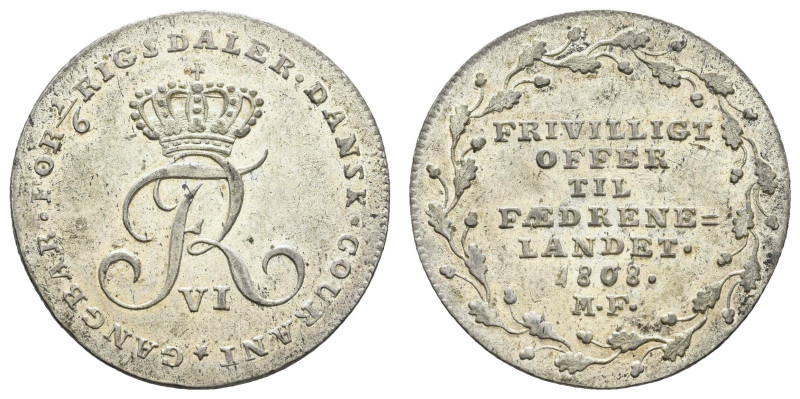 Europa und Übersee Dänemark
 1/6 Rigsdaler, 1808, Frederik VI., Hede 6, ss-vz....