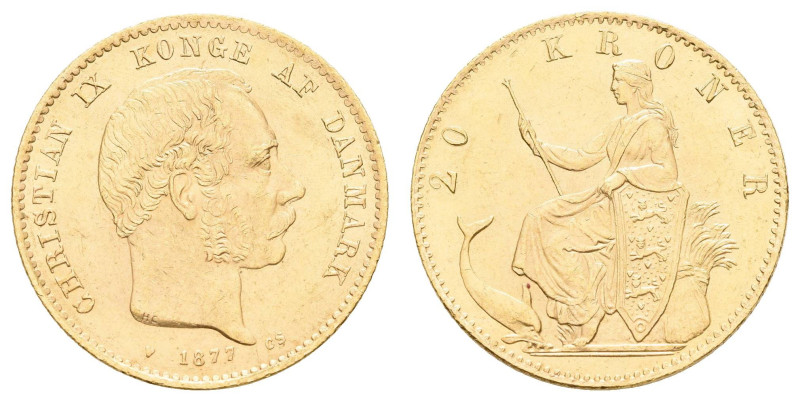 Europa und Übersee Dänemark
 20 Kronen, Gold, 1877, Christian IX., Fb. 295, kl....