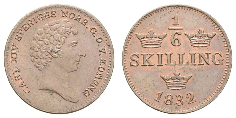 Europa und Übersee Schweden
 1/6 Skilling, 1832, Karl XIV. Johan, Stockholm, De...