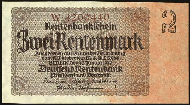 Banknoten Deutsche Reichsbanknoten 1874-1945
 Deutsche Rentenbank, 2 Rentenmark...