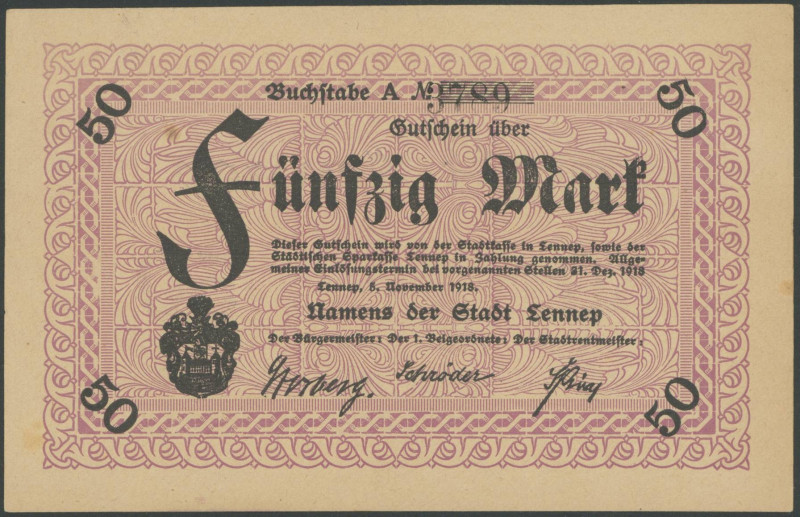 Banknoten Notgeld Scheine
 Lennep Stadt (Rheinland), Satz Gutscheine zu 5,10, 2...