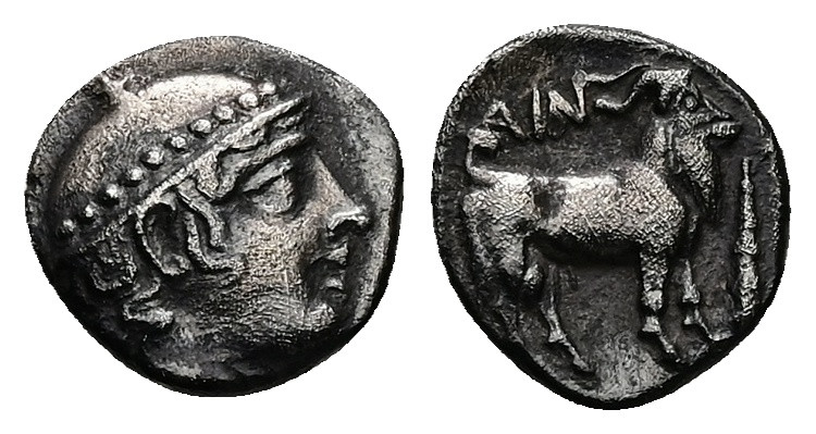 Thrace, Ainos. AR Diobol, 1.21 g 11.30 mm. Circa 429-427/6 BC.
Obv: Head of Herm...