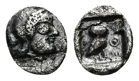 Attica, Athens. AR Obol, 0.49 g 8.82 mm. Circa 500/490-485/0 BC.
Obv: Helmeted h...