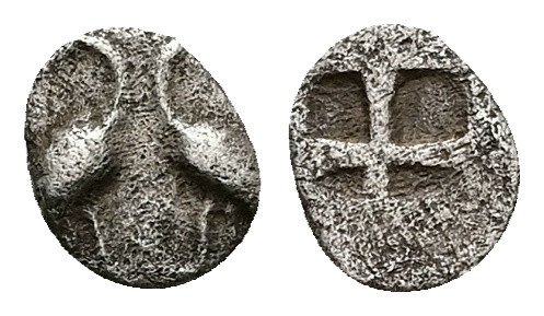 Asia Minor. Uncertain Mint. AR Hemiobol, 0.29 g 8.06 mm. 500-400 BC.
Obv:Two her...