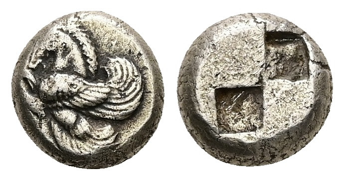 Mysia, Lampsakos. EL Hekte, 2.29 g 10.42 mm. Circa 500-450 BC. 
Obv: Forepart of...