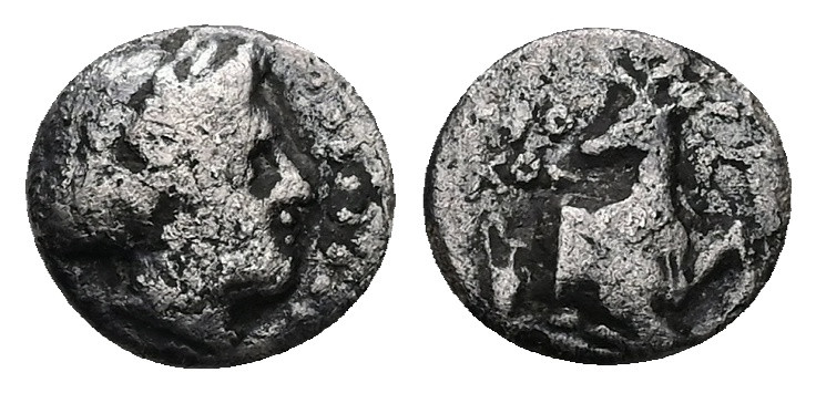 Mysia, Prokonnesos. AR Diobol, 1.01 g 10.70 mm. Circa 411-387 BC.
Obv: Female he...