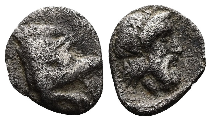 Caria, Euromos. AR Hemiobol, 0.37 g 8.63 mm. 5th century BC. 
Obv: Forepart of b...