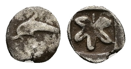 Caria, Idyma. AR, Hemiobol. 0.23 g. 7.83 mm. 5th century BC. 
Obv: Dolphin left....