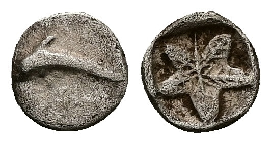 Caria, Idyma. AR, Hemiobol. 0.33 g. 7.79 mm. 5th century BC. 
Obv: Dolphin left....