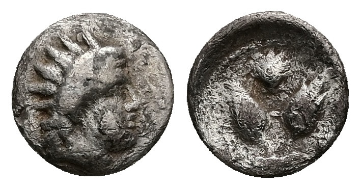 Caria, Rhodos. AR Diobol, 0.86 g 10.13 mm. Circa 275-250 BC. 
Obv:Radiate head o...